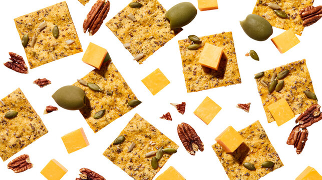 Savory whole grain crackers with cheese cubes olives pecans and seeds, isolated on transparent background