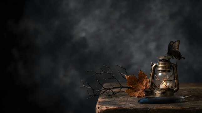 Vintage brass lantern with moths and autumn maple leaves, rustic still life on dark wooden shelf, mysterious fall mood. for halloween 4k