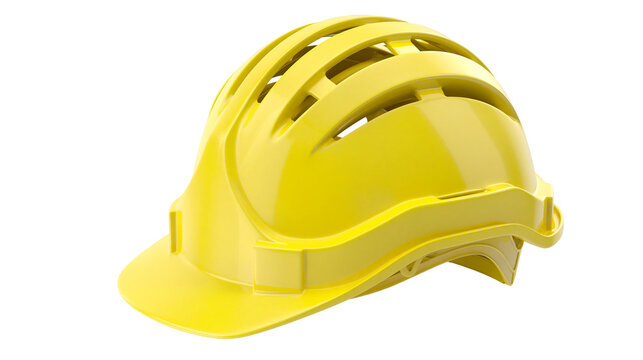 Bright yellow vented hard hat for construction safety, isolated on transparent background