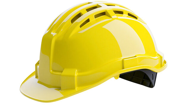 Bright yellow vented hard hat with black suspension system, isolated on transparent background