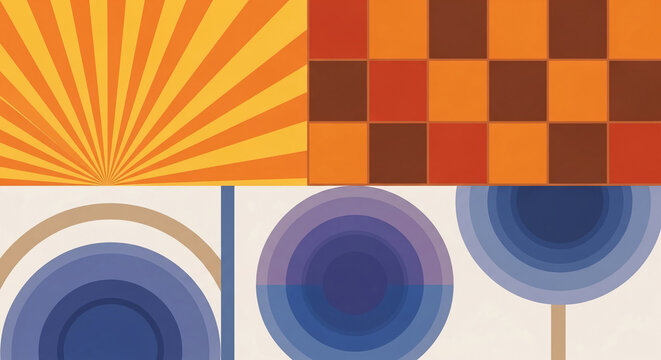 Abstract geometric patterns featuring sunbursts, squares, and concentric circles in warm orange, brown, and cool blue tones, representing modern graphic design and visual art