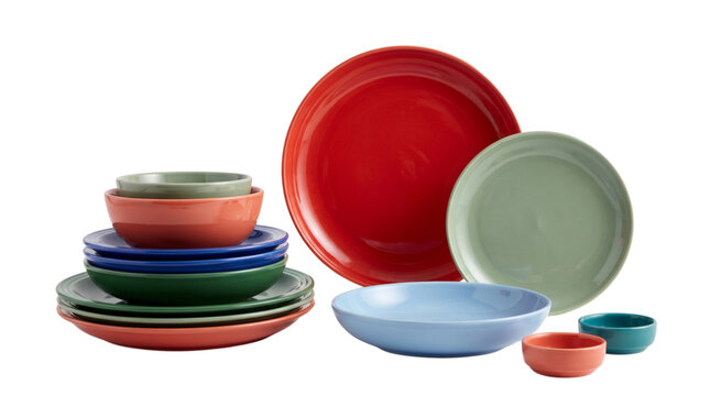 A collection of colorful ceramic plates and bowls arranged in a stack isolated on transparent background