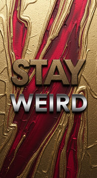 Metallic gold and deep red abstract texture with 3D lettering "STAY WEIRD", symbolizing individuality and rebellion against norms.