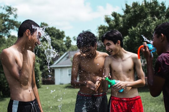 Happy Teens Splashing Water During Outdoor Summer Play