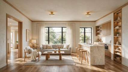 Fototapeta premium Bright Japandi Living Room with Large Windows