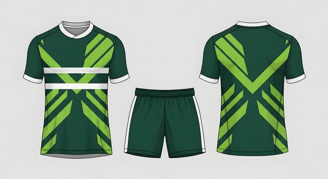 Professional soccer jersey and shorts uniform design template with modern green and lime geometric pattern layout