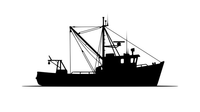 Silhouette of a Commercial Fishing Boat Trawler Isolated on White Background