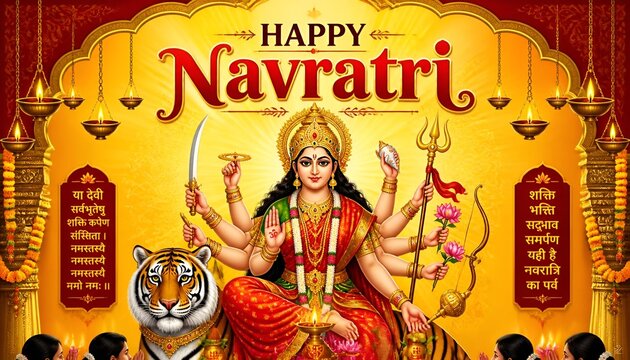 illustration of Indian festival Navratri greetings design with goddess Durga and tiger , Happy Navratri illustration