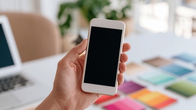 Close-up of a designer's hand holding a smartphone with a blank black screen mockup on a creative workspace desk.