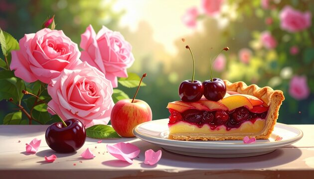 A slice of cherry pie topped with cherries is served on a plate with an apple, cherry, and pink roses in the background, all bathed in warm, natural light.