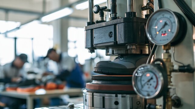 Shoe sole vulcanizing press with gauges in sharp focus and blurred footwear workers behind. Concept of footwear manufacturing.