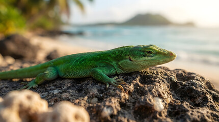Fototapeta premium Detailed Close Up of a Colorful Lizard Resting on a Natural Rock, Exotic Reptile in Wildlife Habitat, High Resolution Macro Photography, Vibrant Scales, Nature Conservation, Premium Stock Image