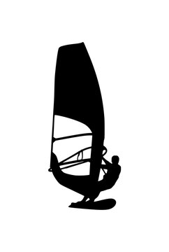 Silhouette of a windsurfer on a board isolated on a white background