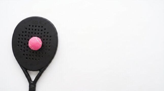Black padel racket with pink tennis ball isolated on white background top view studio shot
