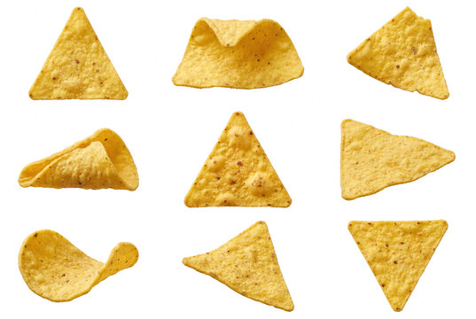 Nine Crispy Yellow Corn Tortilla Chips Arranged in a Grid