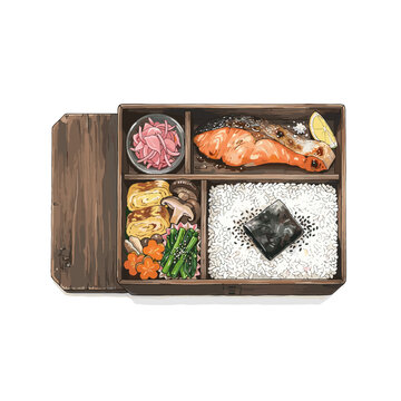 Bento box ingredients with rice salmon and pickled ginger flat lay for Asian food blogs and lunchbox recipes