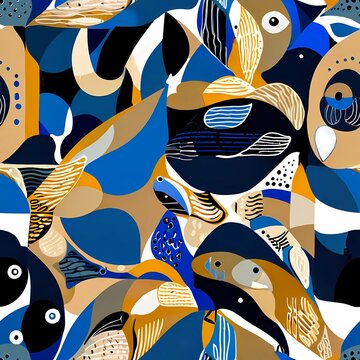 Naive scandinavian marine seamless pattern with hand-drawn fish and waves.