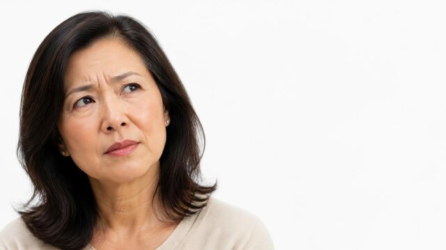 Woman with dark hair looks thoughtfully to the side against a white background, displaying a concerned or contemplative expression.