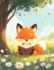 Fototapeta premium A cute fox sits under a tree, happily reading a book in a sunny meadow filled with daisies and falling leaves.