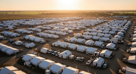 Fototapeta premium Expansive refugee relief camp at sunrise, offering temporary shelter and humanitarian aid to a displaced community.
