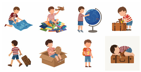 Cute little boy traveler character set for adventure journey and vacation concept illustrations