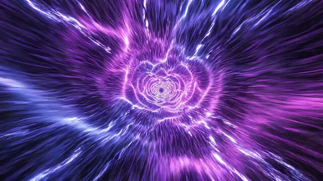 Abstract swirling light patterns in vibrant purple and blue hues create a dynamic visual effect, illustrating motion and energy in a captivating digital space