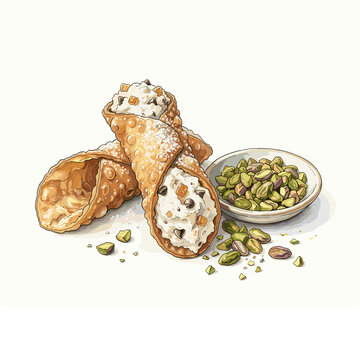 Cannoli ingredients with ricotta and pistachio shells flat lay for Italian dessert blogs and pastry recipe websites