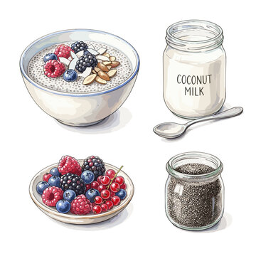 Chia pudding ingredients with coconut milk and berries flat lay for healthy breakfast blogs and vegan recipe websites