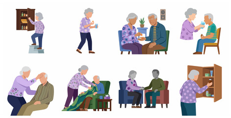 Fototapeta premium Elderly Couple Caring for Each Other and Taking Medicine Vector Illustration Set