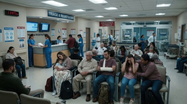 Busy Hospital Emergency Department Waiting Area With Patients
