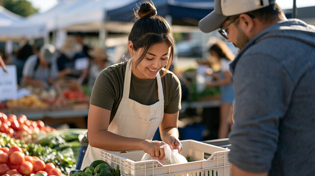 A grocery bagger is seen over the shoulder of a customer in a vibrant colorful outdoor market, urban gleaning food rescue crates being sorted nearby, the bagger carefully