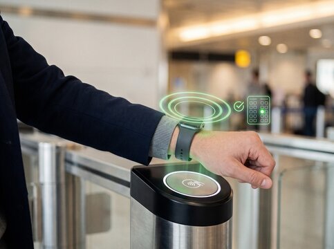 Close-up of man scanning smartwatch at airport boarding gate with green futuristic holographic interface showing checkmark and seat map