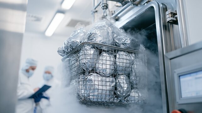 Retort pouch basket entering a sterilization autoclave in sharp focus and blurred plant workers behind. Concept of shelf stable food production.