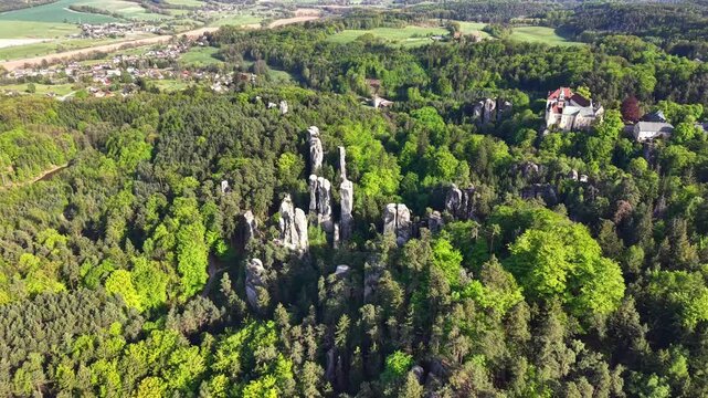 Gliding high view showing dense mixed forest, clustered pale limestone pillars rising above canopy and light colored manor with red pitched roofs perched on forest ridge in vivid spring daylight