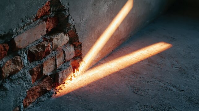 Dramatic sunset light beam cutting across a dark concrete wall with exposed red bricks.