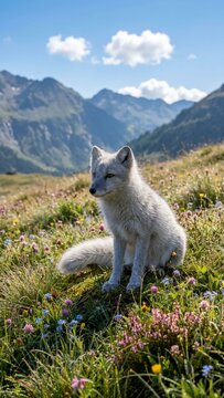 fox sits quietly on a flowery mountain slope