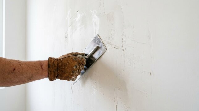 Professional worker applying white plaster to wall using metal trowel.