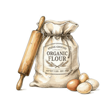 Flour sack with rolling pin and eggs flat lay for baking blogs and pastry recipe websites