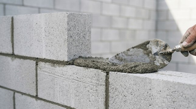 Masonry worker laying concrete blocks with mortar and trowel at a construction site.