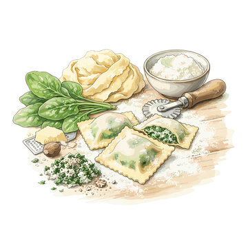 Fresh pasta ravioli ingredients with ricotta and spinach flat lay for italian food blogs and homemade recipe websites