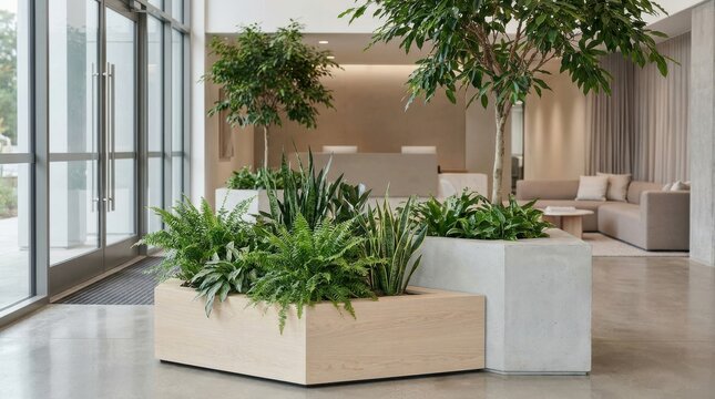 Contemporary Workplace: Lobby entrance decorated with indoor garden 