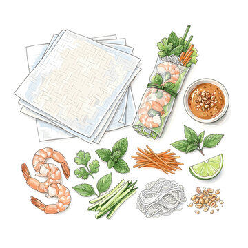 Fresh spring roll ingredients with rice paper and shrimp flat lay for asian cooking blogs and healthy appetizer recipes