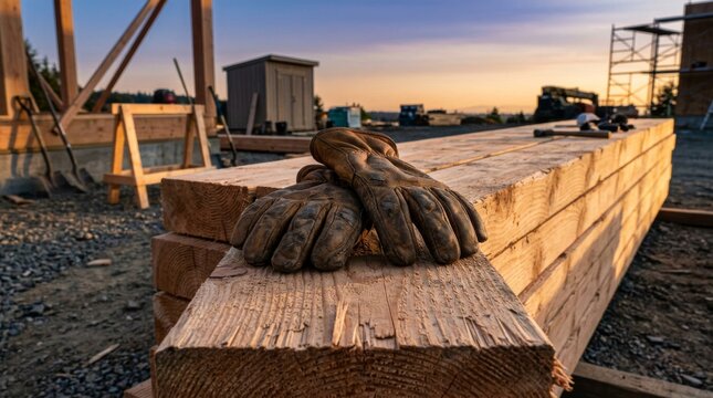 Work gloves resting on stacked lumber at construction site.