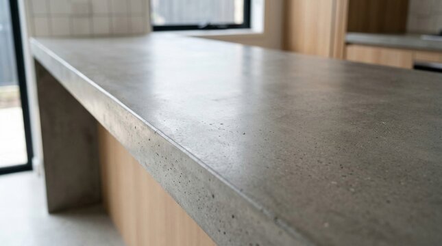 Modern kitchen island with a polished grey concrete countertop.