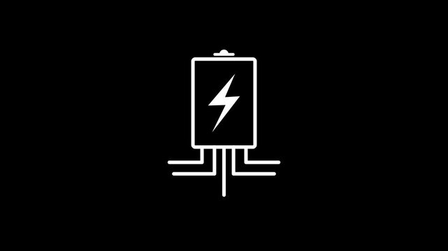 Animated line icon of electrical power station box with lightning bolt symbol on black background. simple logotype icon animation.