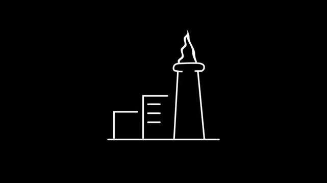 Simple line art industrial factory plant with smoke chimney on black background