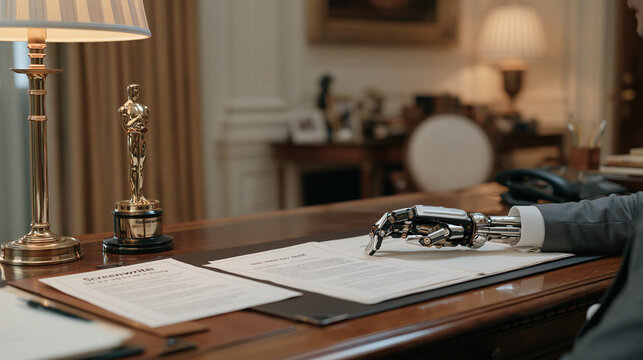 A luxury interior writing room holds a symbolic still life of a screenwriting award, a printed script, and a robotic exoskeleton hand resting on the manuscript pages, warm