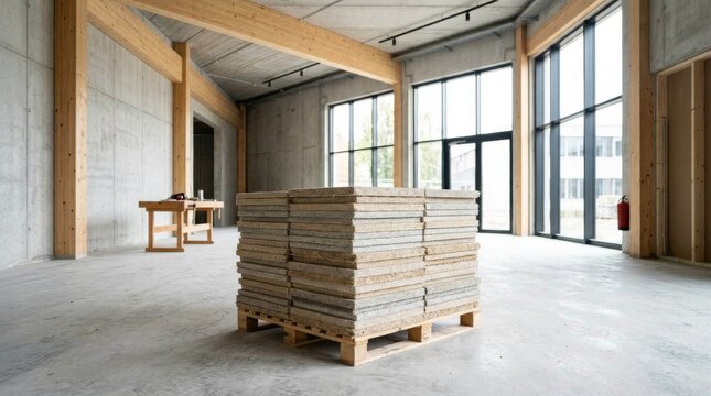 Stack of construction materials on a wooden pallet in an unfinished modern warehouse interior.