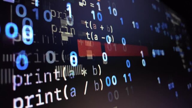 Software code and binary numbers on digital display programming script