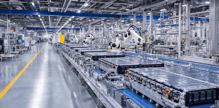 Industrial manufacturing process with white robotic arms on automated assembly line in factory high tech robot arm industrial design robotics automation manufacturing industrial